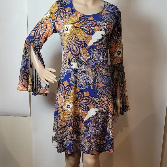 MSK Women's Paisley Mini Dress - Blue, Orange, Yellow - Picture 3 of 13